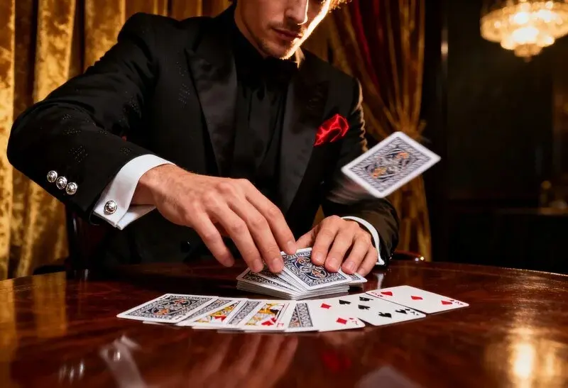 Zauberer mit Spielkarten bei einem Casino-Event
