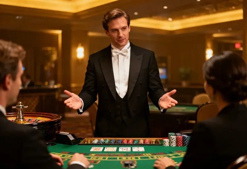 Professioneller Croupier moderiert das Spiel am Roulette-Tisch