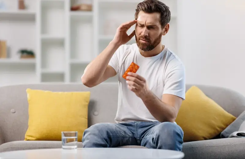Mann mit Kopfschmerzen sitzt auf dem Sofa