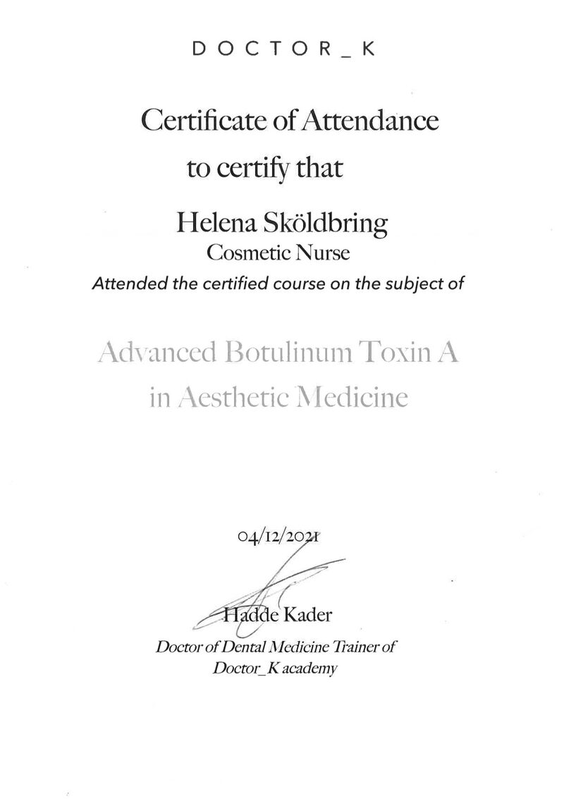 Certifikat från Doctor_K academy Advanced  Botulinum Toxin A, Helena Sköldbring