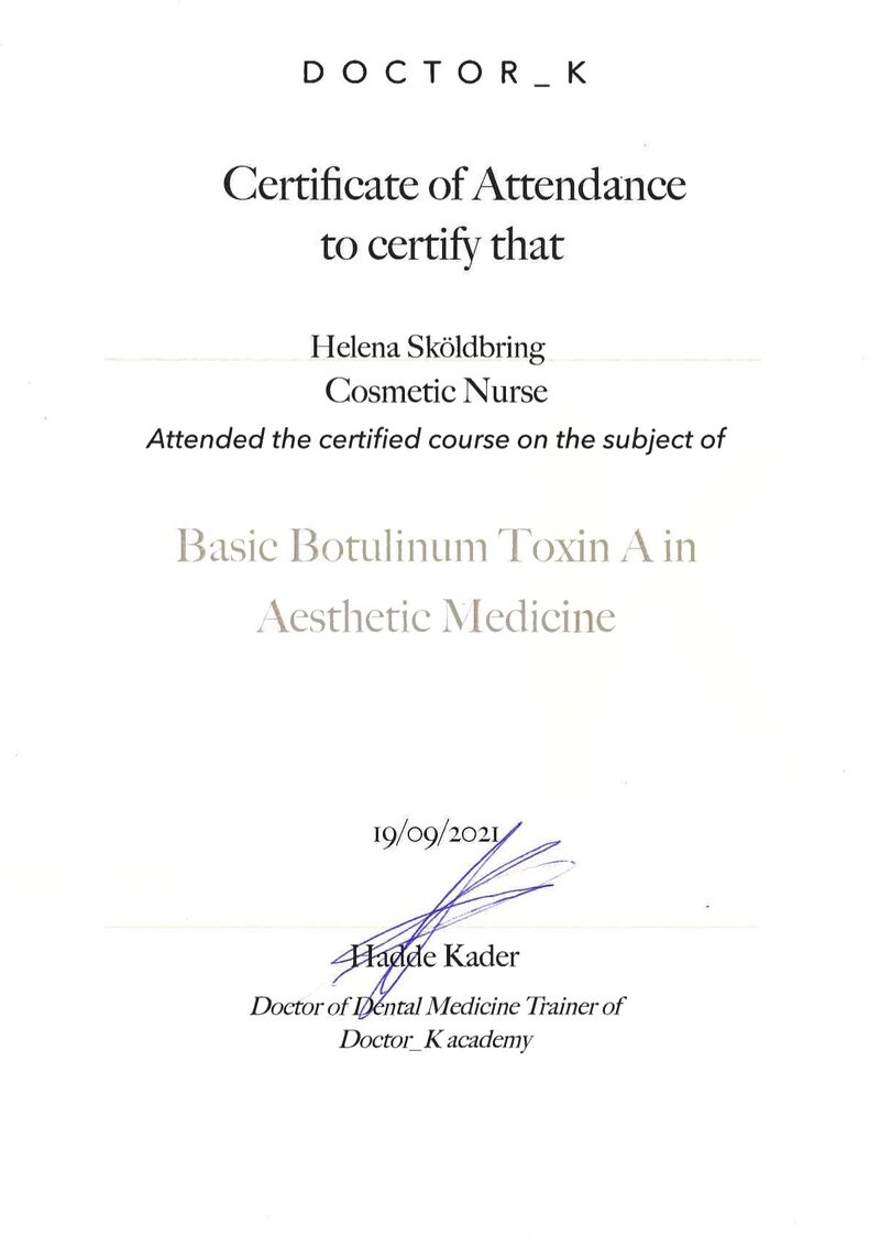 Certifikat från Doctor_K academy Basic Botulinum Toxin A, Helena Sköldbring