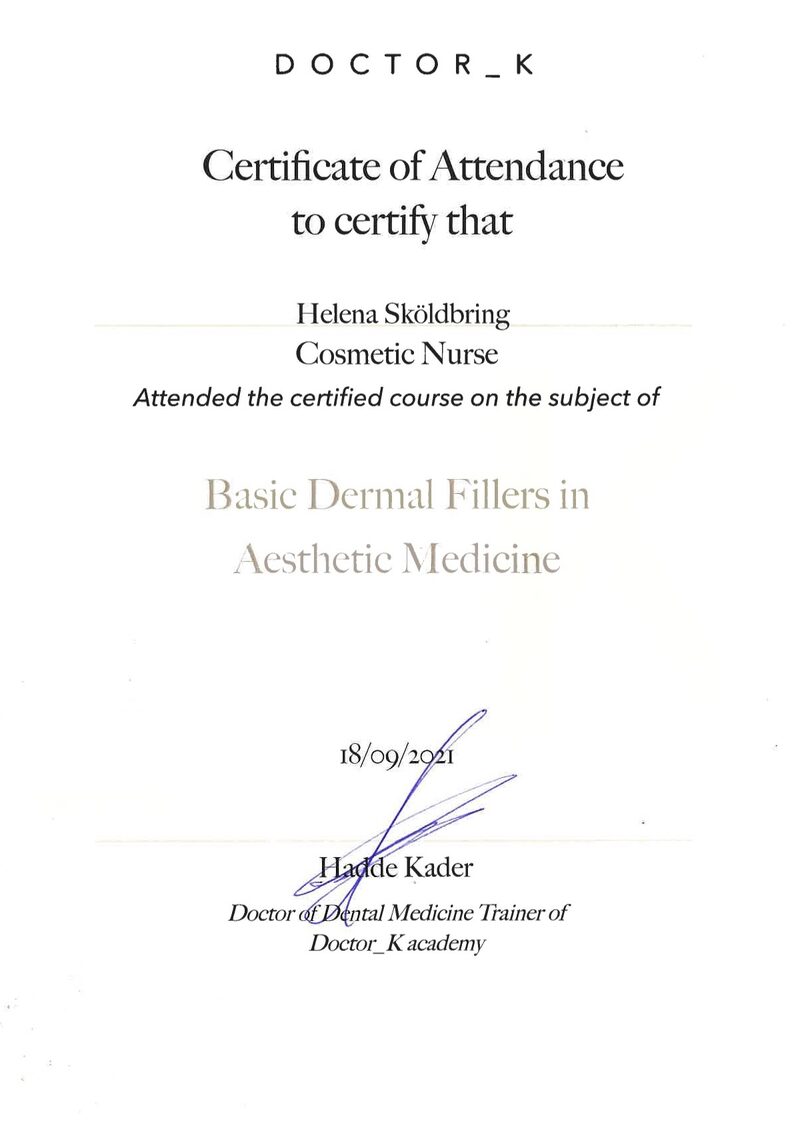 Certifikat från Doctor_K academy Basic Dermal Filler in Aestethic Medicine, Helena Sköldbring