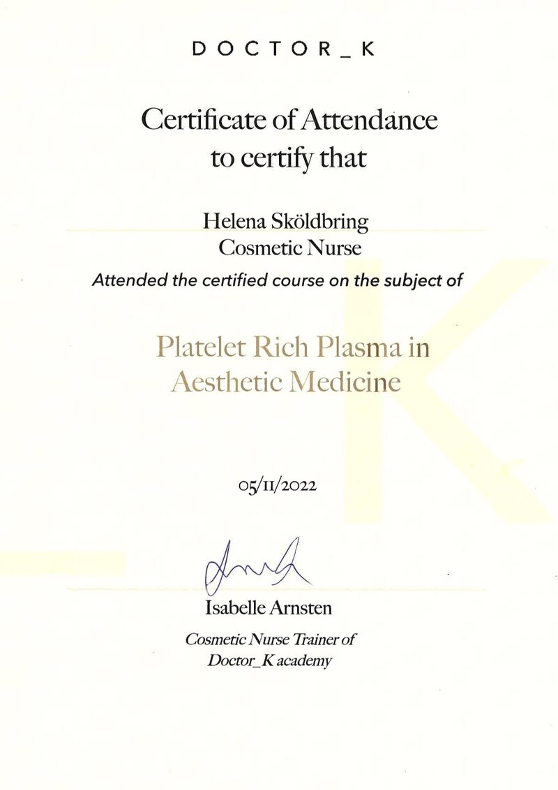 Certifikat från Doctor_K academy PRP Platelet Rich Plasma, Helena Sköldbring