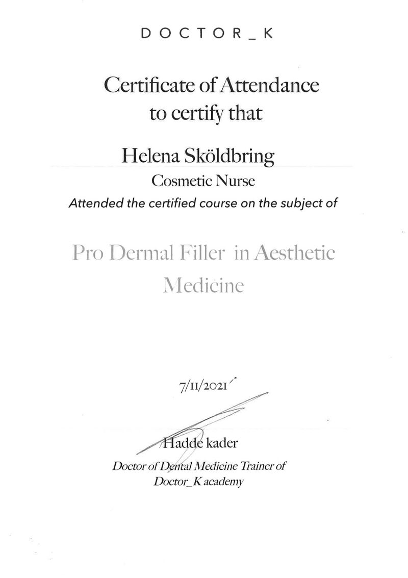 Certifikat från Doctor_K academy Pro Dermal Filler in Aestethic Medicine, Helena Sköldbring