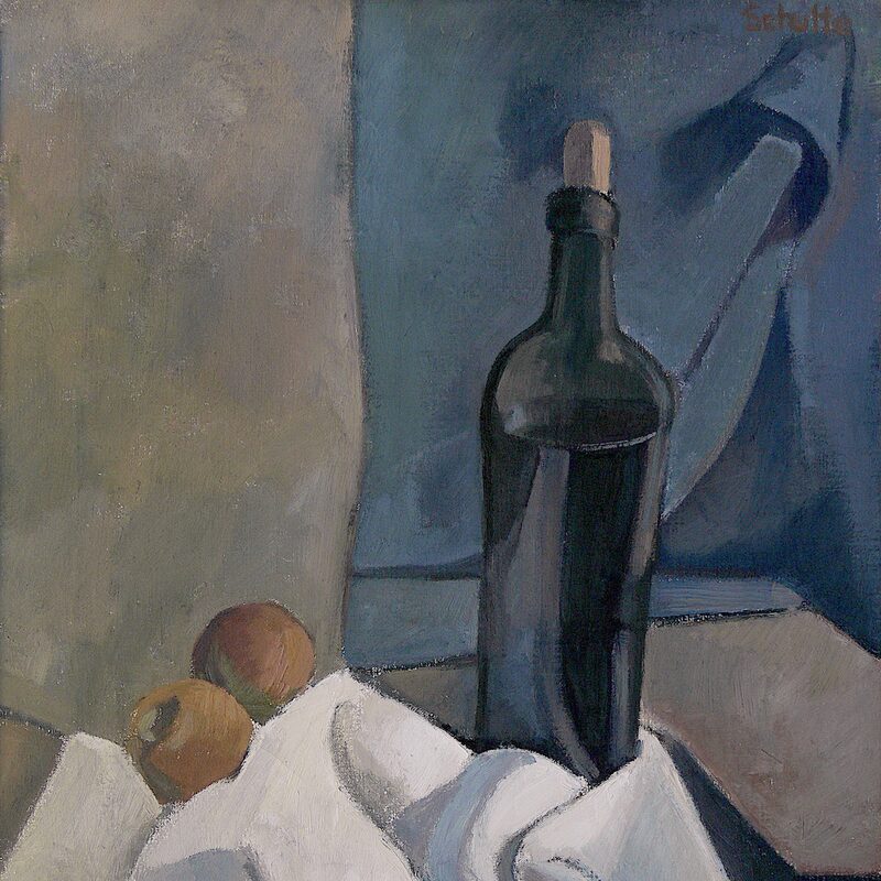 stilleben mit flasche und äpfeln 1986, 63 x 47,5 cm, öl auf tuch