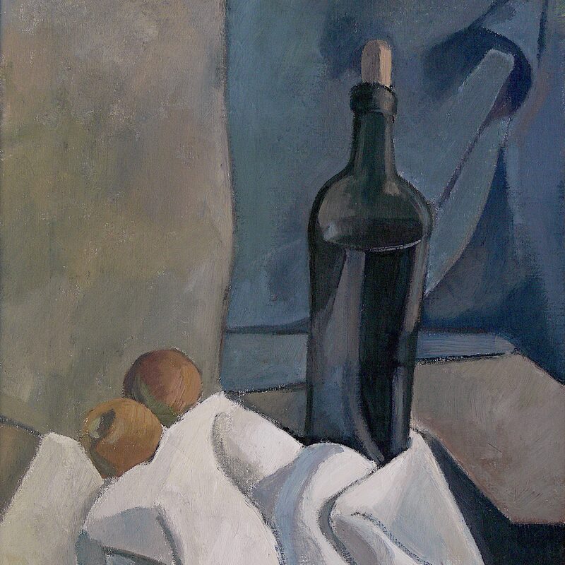 nature morte avec bouteille et pommes 1986, 63 x 47,5 cm, huile sur tissu