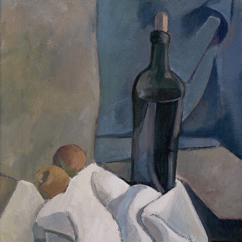 still life with bottle and apples 1986, 24,8" x 18,7", oil on fabric