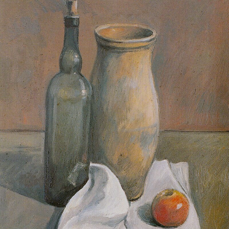 stilleben mit krug, flasche und apfel 1996, 50 x 43 cm, öl auf baumwolle