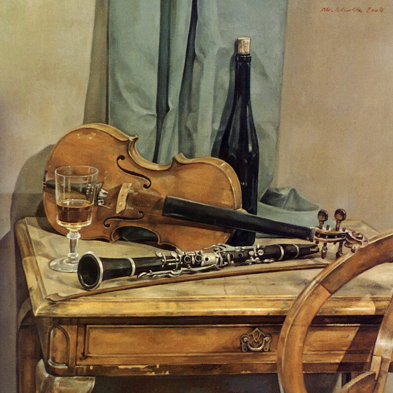stilleben mit violine, klarinette und flasche 2004, 89 x 68 cm, öl auf leinwand
