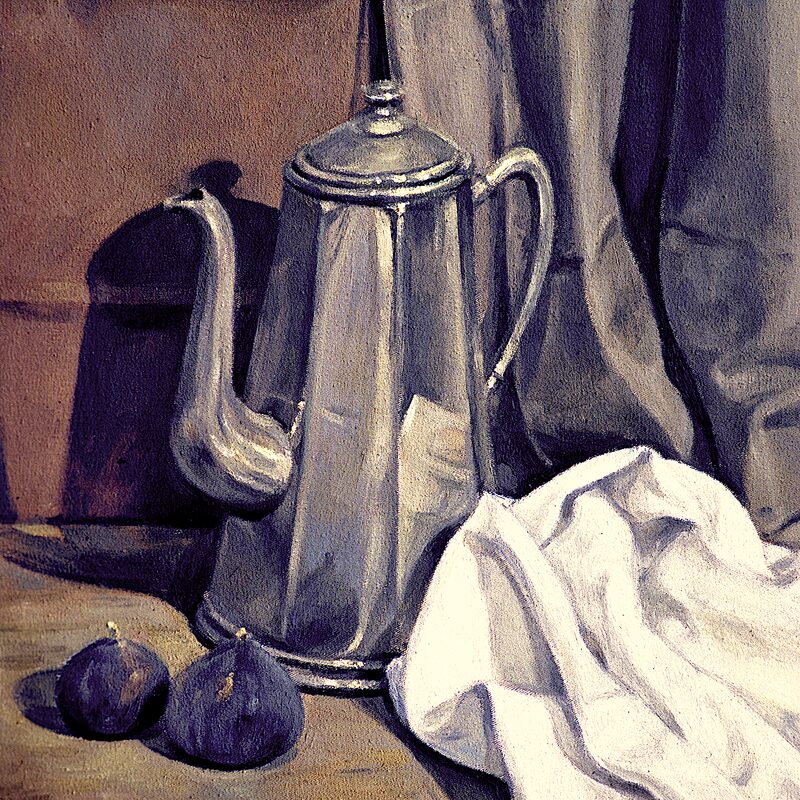 stilleben mit kanne und feigen 1998, 44 x 36 cm, öl auf baumwolle