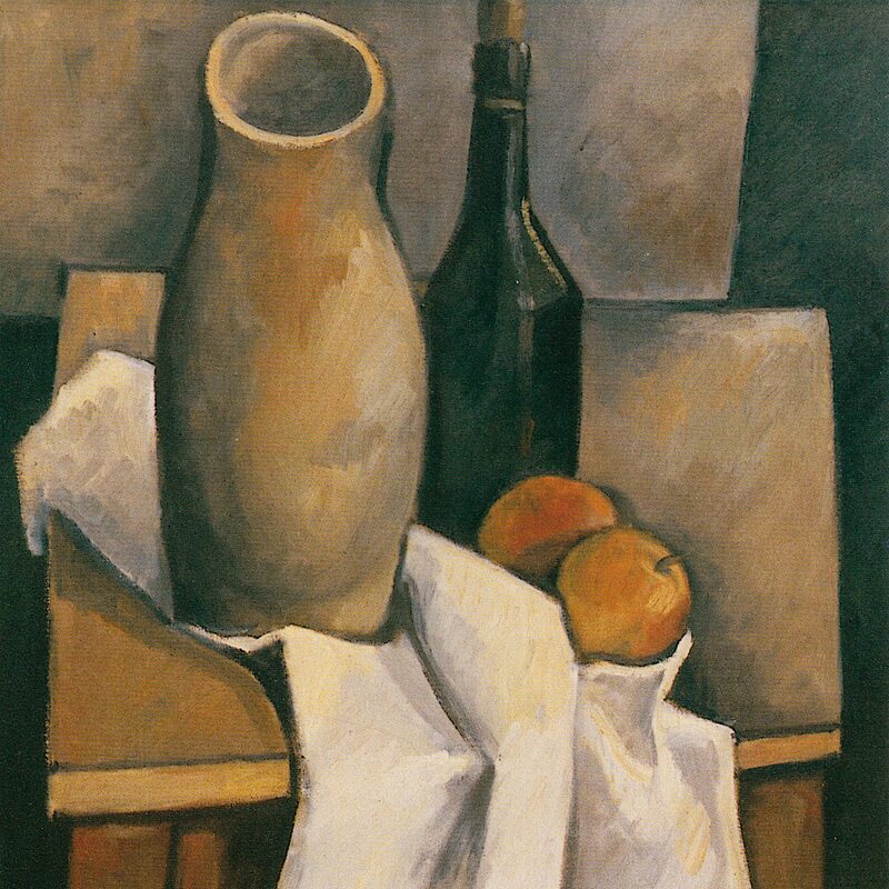 stilleben mit krug, flasche und äpfeln 1987, 50 x 43,5 cm, öl auf tuch