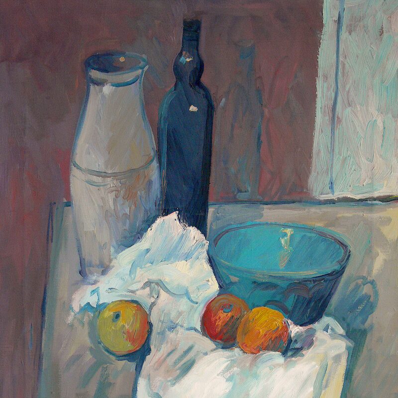 stilleben mit krug, schale und flasche 1991, 80 x 64 cm, öl auf laken