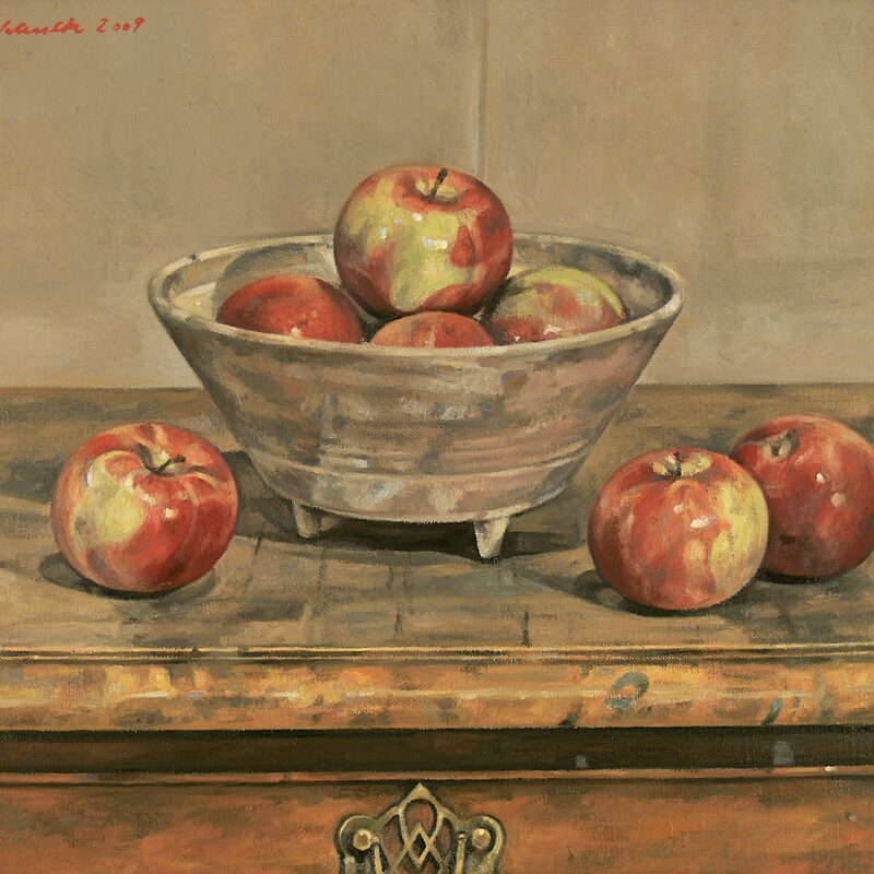 stilleben mit schale und äpfeln 2009, 36 x 44 cm, öl auf leinwand