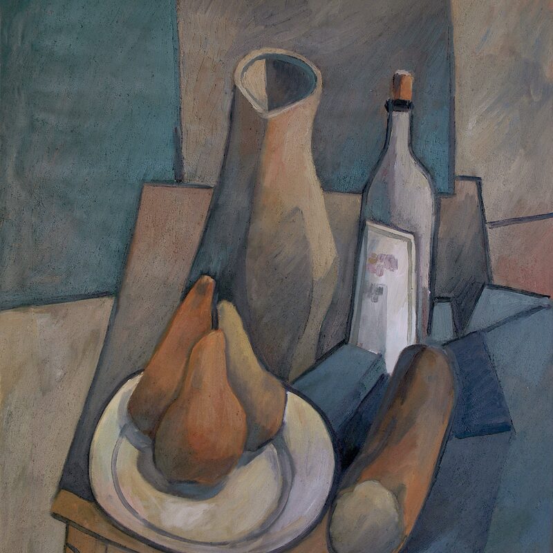 stilleben mit baguette, krug, flasche und birnen 1987, 80 x 64 cm, öl mit sand auf tuch