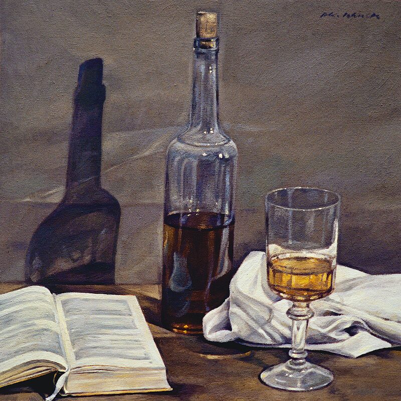stilleben mit flasche, glas und buch 2000, 52 x 43 cm, öl auf baumwolle