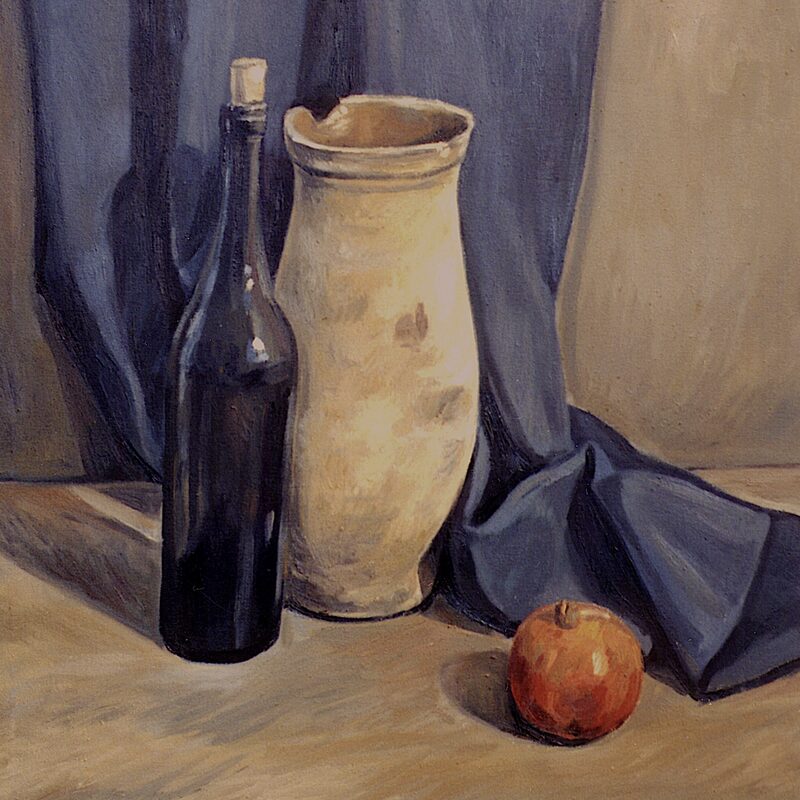 stilleben mit krug, flasche und granatapfel 1997, 59 x 52 cm, öl auf baumwolle