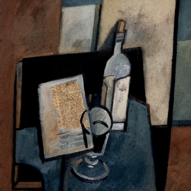 stilleben mit flasche, glas  und zeitung 1987, 50 x 40 cm, öl mit sand auf tuch