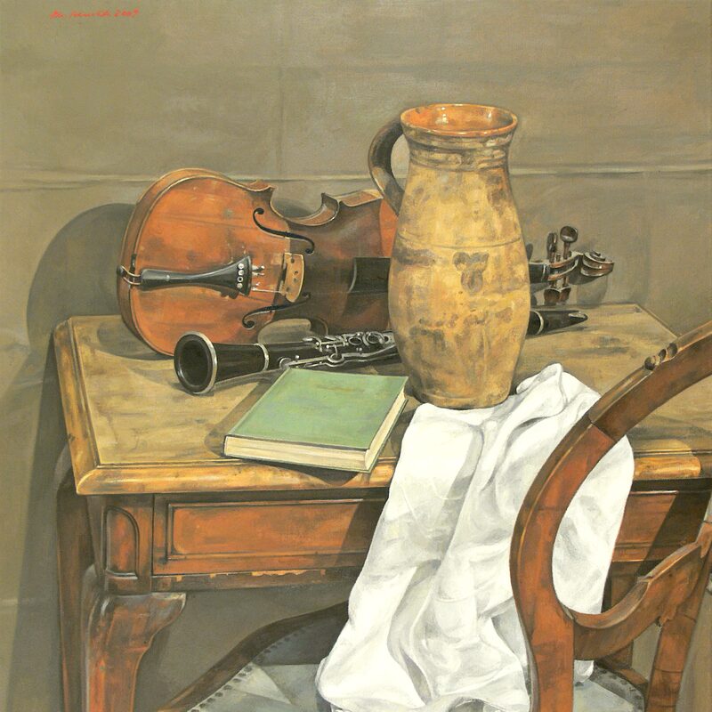 stilleben mit krug, violine, klarinette und buch 2009, 91,4 x 76,2 cm, öl auf leinwand