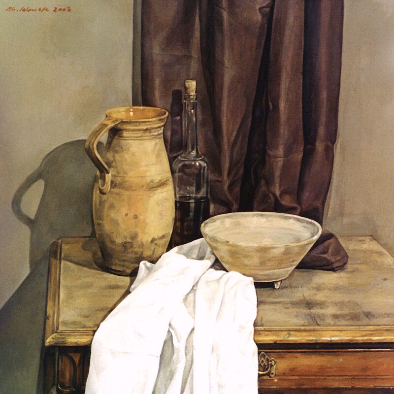 nature morte avec cruche, coupe et bouteille 2003, 89 x 80 cm, huile sur toile