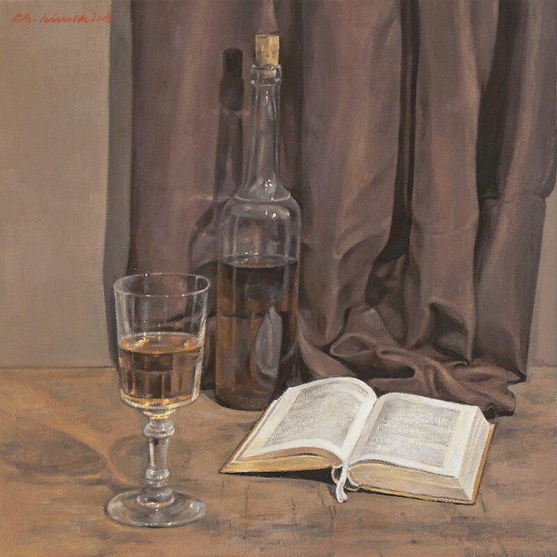 stilleben mit flasche, glas und buch 2004, 52 x 43 cm, öl auf leinwand