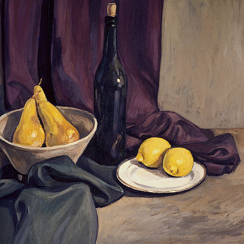 stilleben mit birnen und zitronen 1997, 69 x 60 cm, öl auf leinwand
