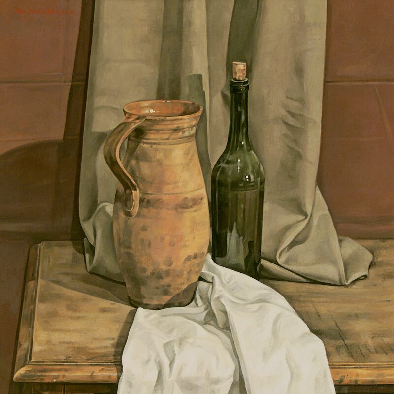 stilleben mit krug und flasche 2006, 70 x 60 cm, öl auf leinwand
