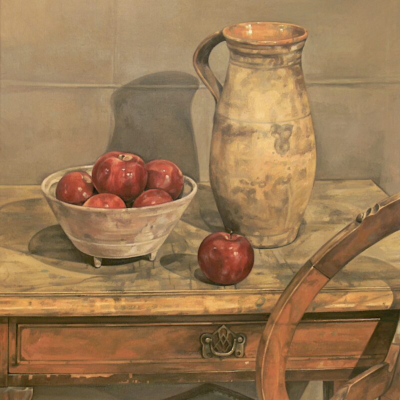 stilleben mit krug, äpfeln und schale 2010, 71,1 x 61 cm, öl auf leinwand