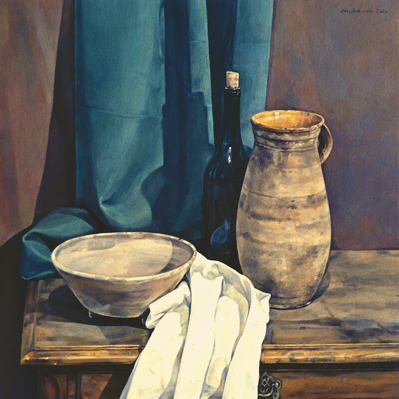 stilleben mit schale, krug und flasche 2000, 89 x 80 cm, öl auf baumwolle