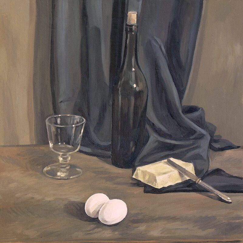 stilleben mit eiern, parmesan und glas 1997, 65 x 56 cm, öl auf baumwolle