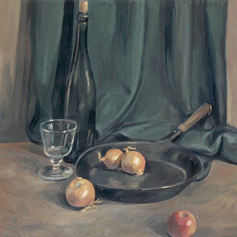 stilleben mit zwiebeln, glas und flasche 1997, 69 x 60 cm, öl auf baumwolle