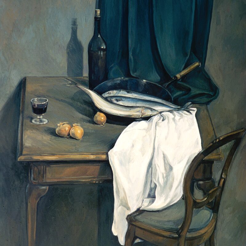 stilleben mit makrelen, zwiebeln und glas 1997, 149 x 145 cm, öl auf baumwolle