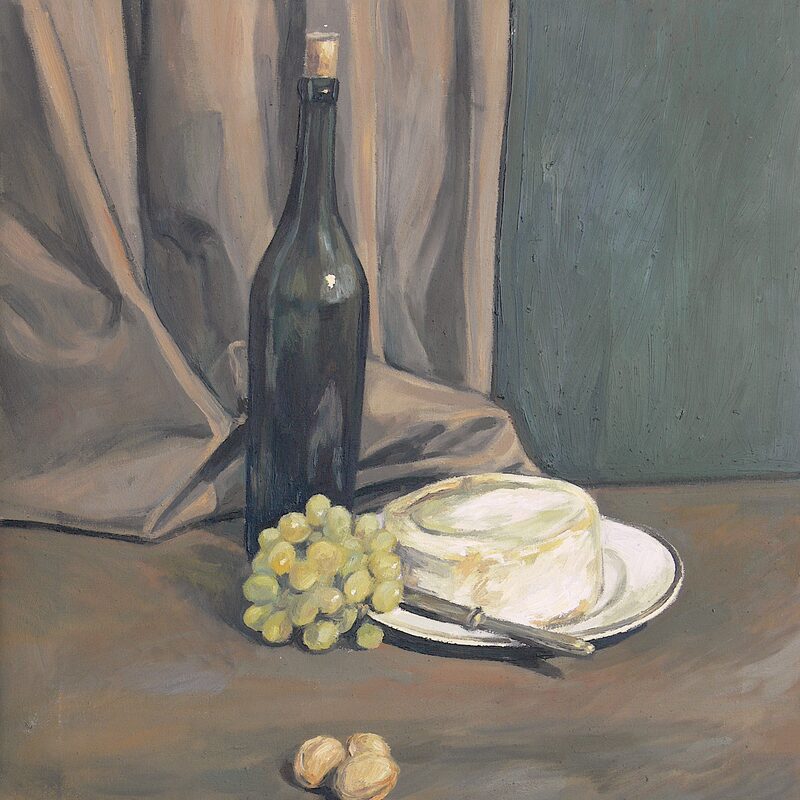 stilleben mit camembert, trauben und walnüssen 1997, 65 x 56 cm, öl auf leinwand