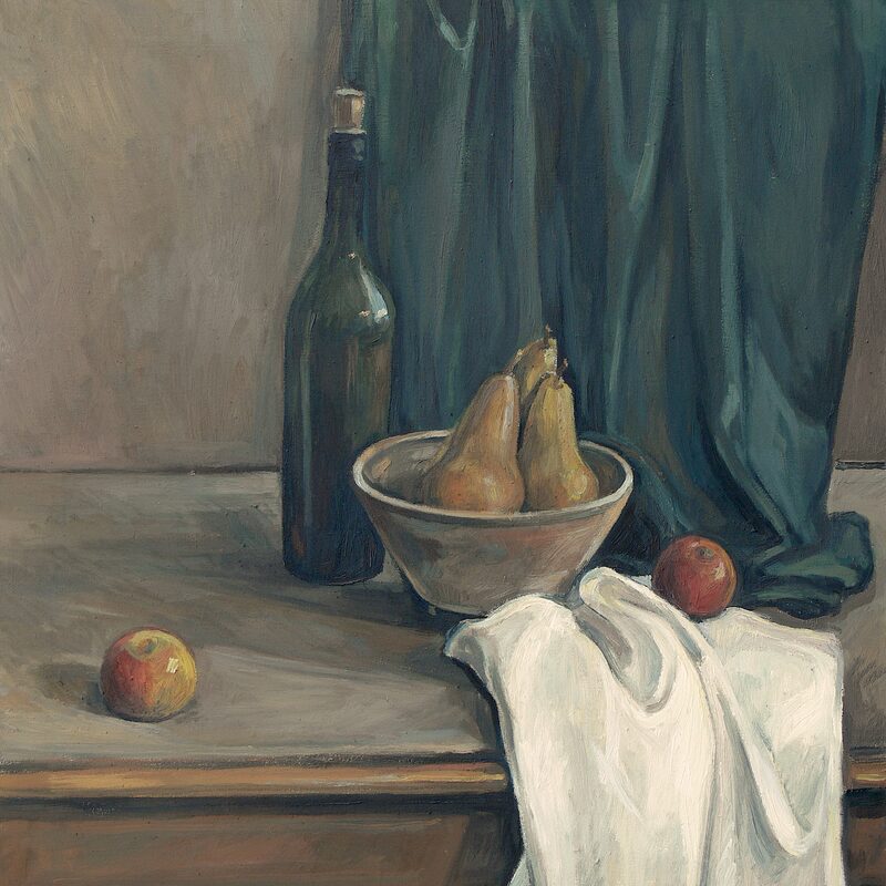 stilleben mit birnen, äpfeln und flasche 1997, 80 x 70 cm, öl auf baumwolle