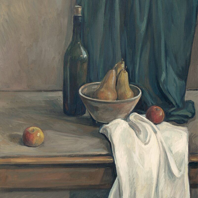 nature morte avec poires, pommes et bouteille 1997, 80 x 70 cm, huile sur cotton