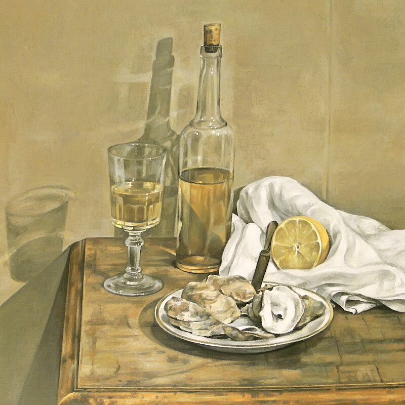 stilleben mit austern, flasche und zitrone 2008,  59 x 52 cm, öl auf leinwand