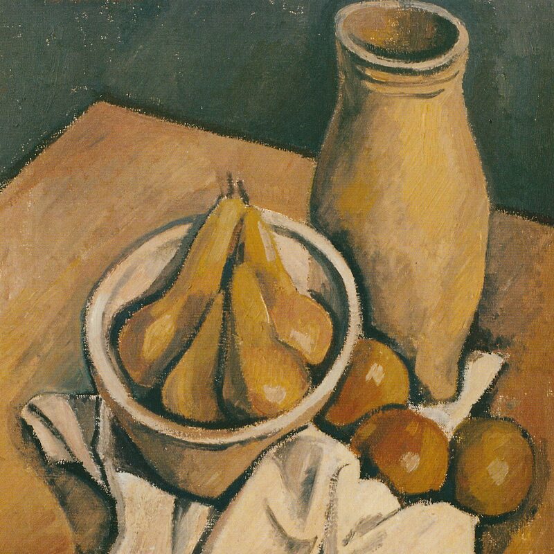 stilleben mit krug, schale äpfeln und birnen 1987, 56 x 47,5 cm, öl auf tuch