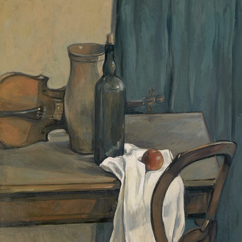 stilleben mit krug, violine und flasche 1997, 89 x 80 cm, öl auf baumwolle