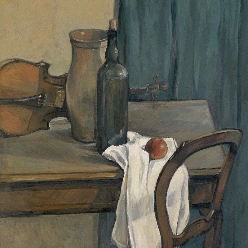 nature morte avec violon, cruche et bouteille 1997, 89 x 80 cm, huile sur cotton