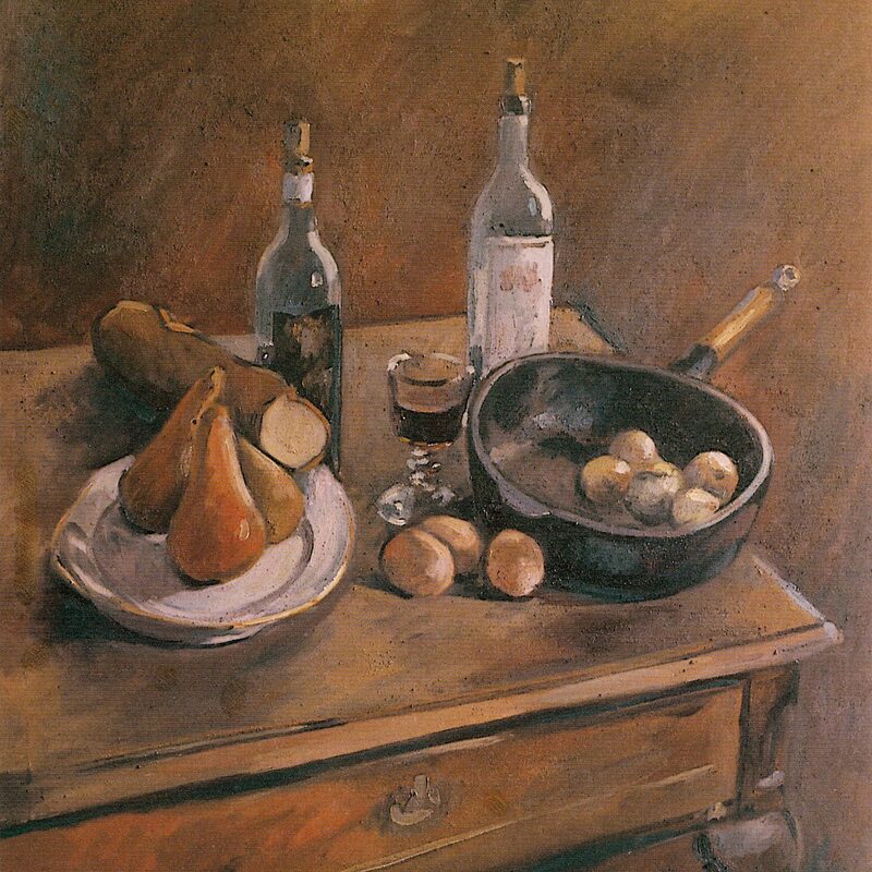 stilleben mit pfanne, zwiebeln und eiern 1987,  110 x 90 cm, öl mit sand auf tuch