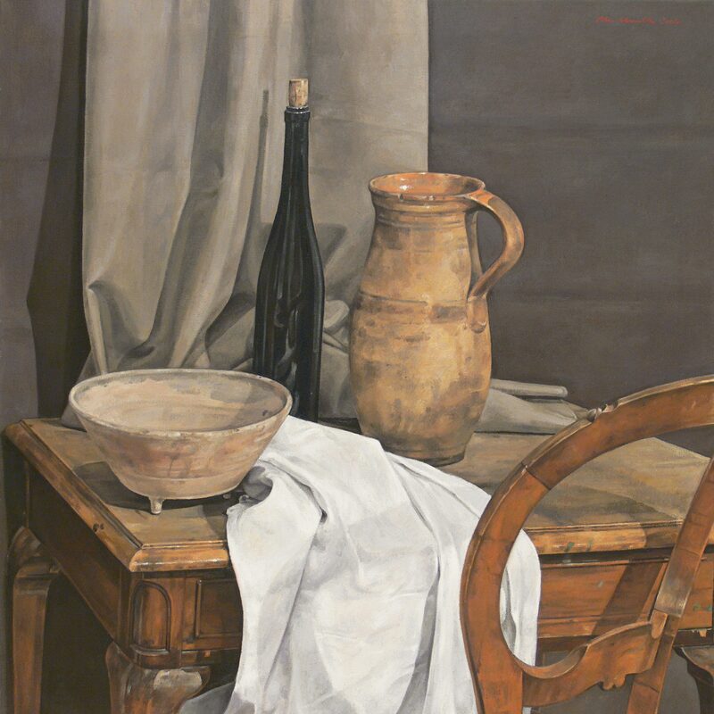 stilleben mit krug, schale und flasche 2004, 90 x 80 cm, öl auf leinwand
