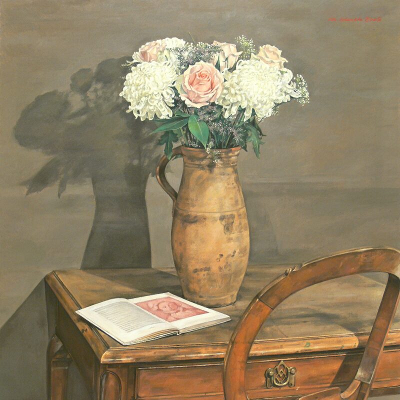 stilleben mit rosen, chrysanthemen und buch 2005, 90 x 80 cm, öl auf leinwand