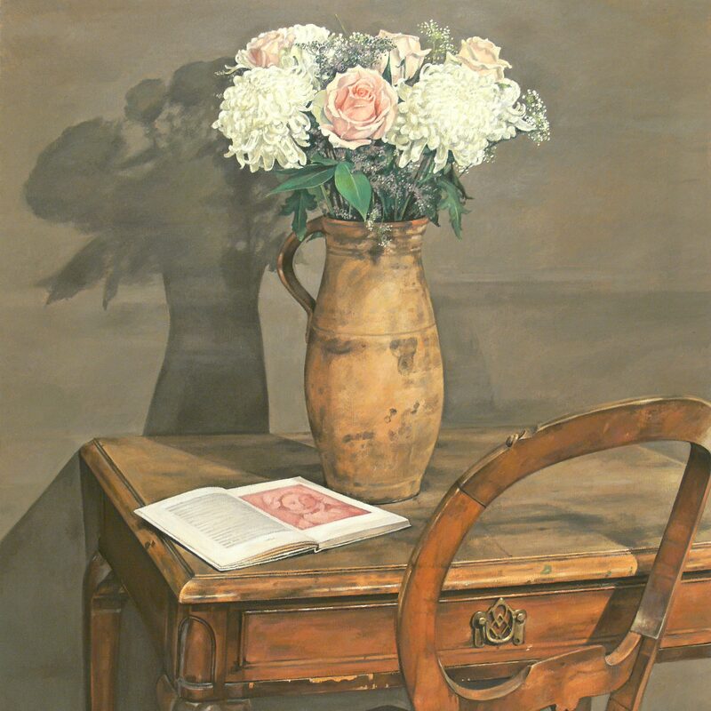 still life with roses and book 2005, 35,4" x 31,5", oil on canvas