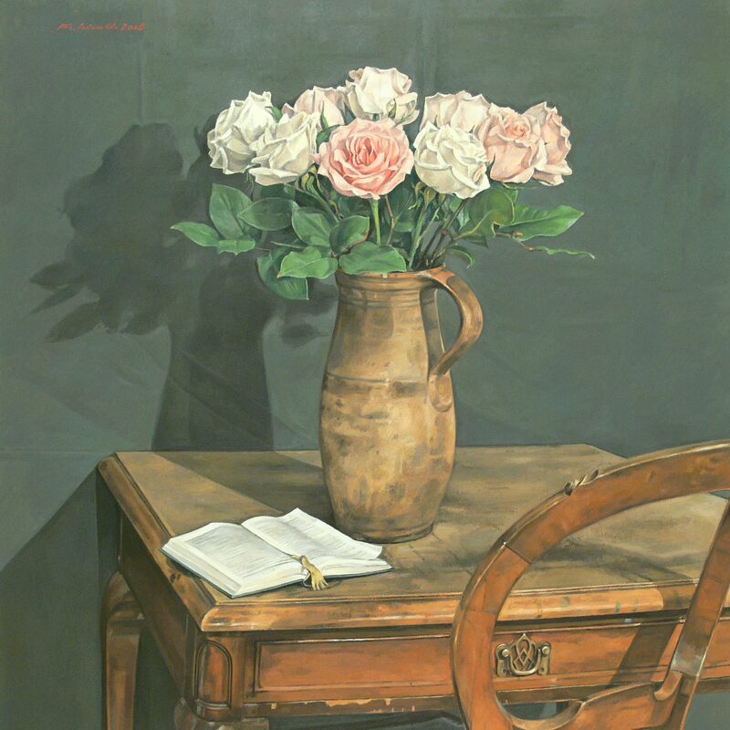 stilleben mit rosen und buch 2005, 90 x 80 cm, öl auf leinwand