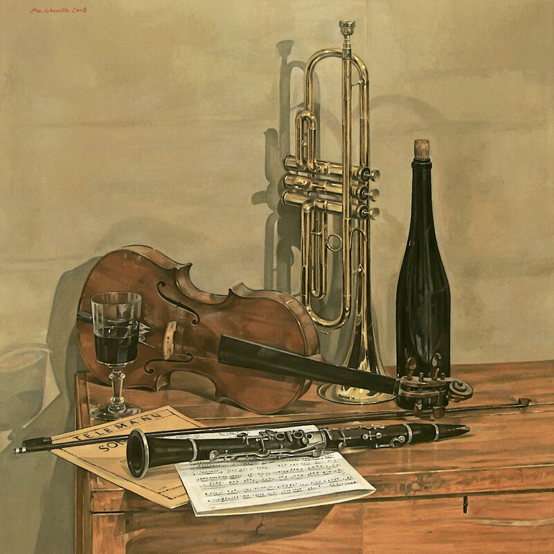 stileben mit trompete, violine, flasche und truhe 2008, 91,4 x 81,3 cm, öl auf leinwand