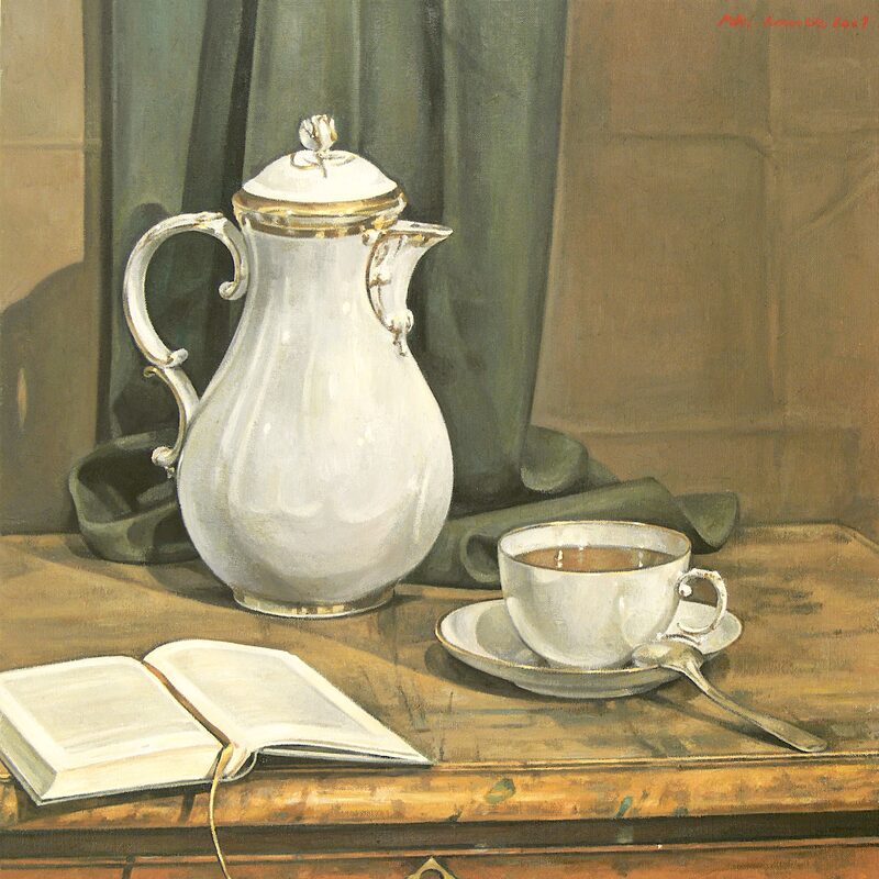 stilleben mit kanne, tasse und buch 2009, 59 x 52 cm, öl auf leinwand