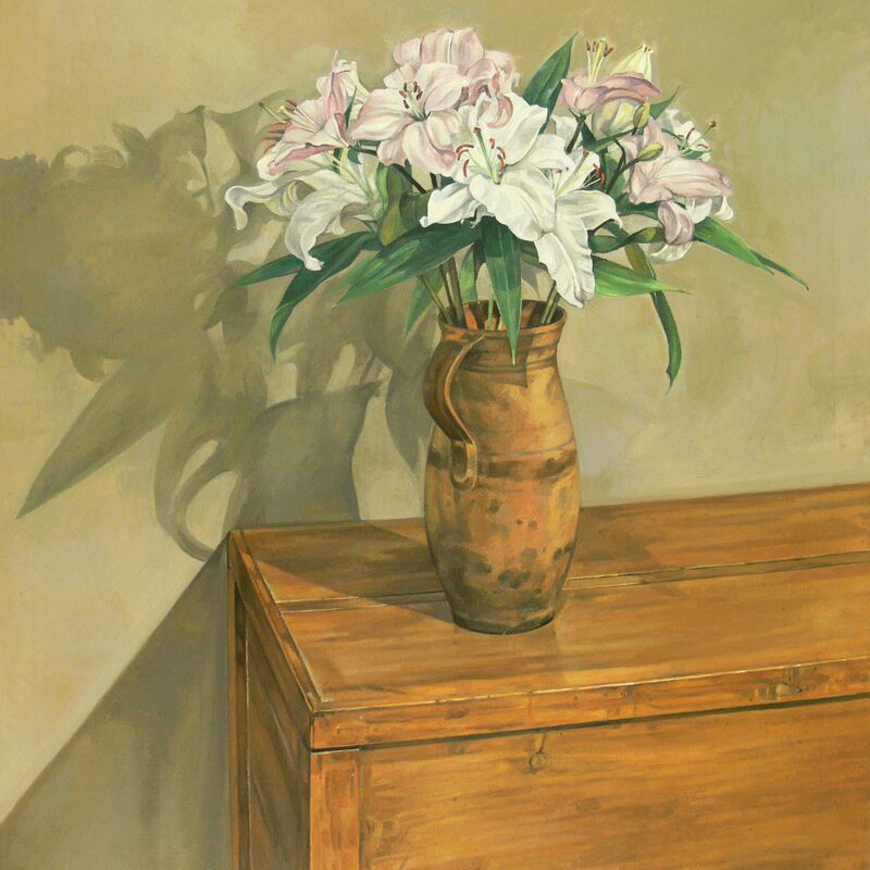 stilleben mit lilien, krug und truhe 2008, 91,4  x 81,3 cm, öl auf leinwand