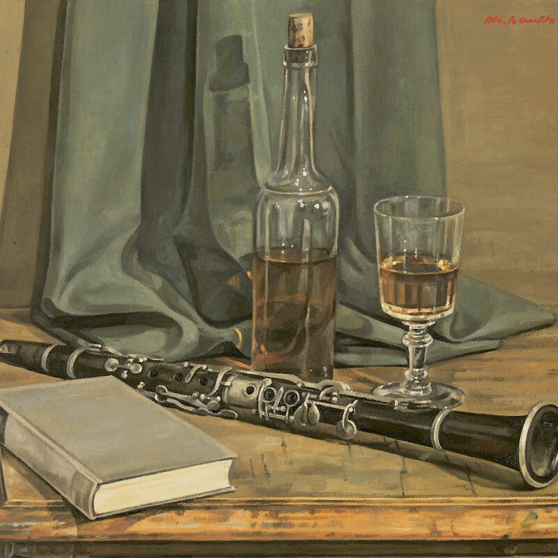 stilleben mit klarinette, buch und glas 2006, 36 x 44 cm, öl auf leinwand