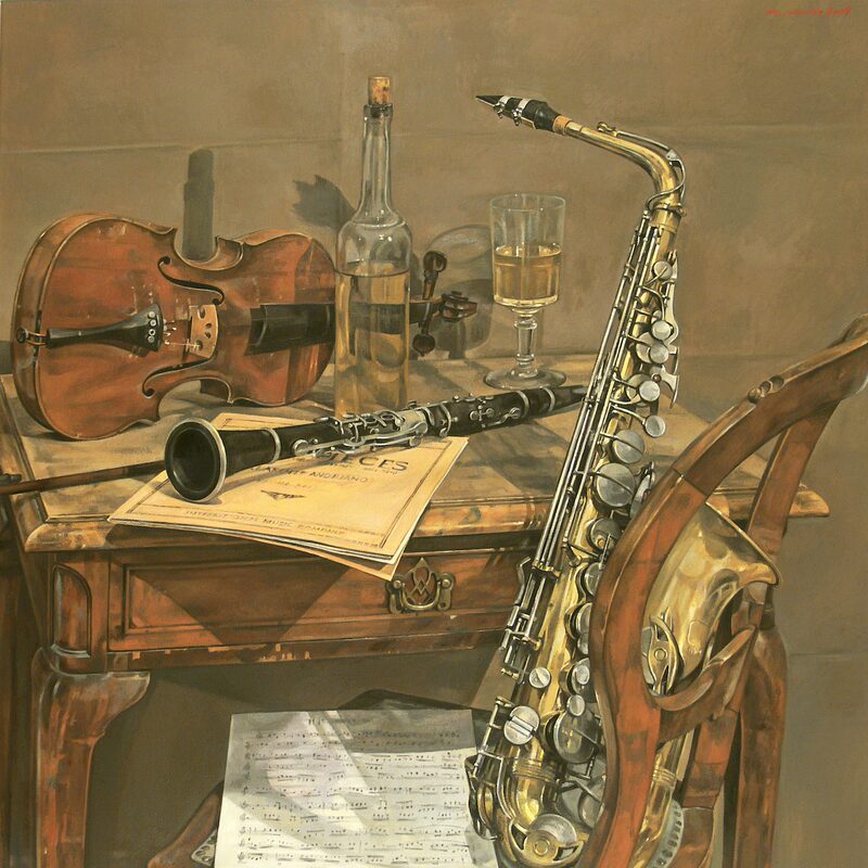 stilleben mit saxophon, violine und klarinette 2009, 96,5 x 91,4 cm, öl auf leinwand