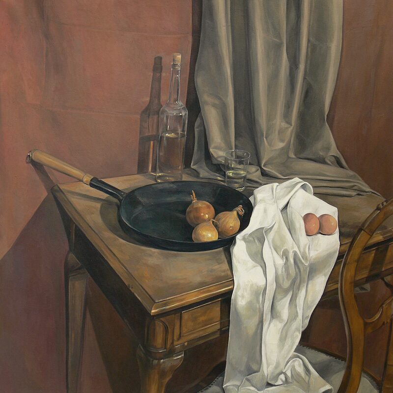 stilleben mit pfanne, flasche und zwiebeln 1998, 145 x 140 cm, öl auf baumwolle