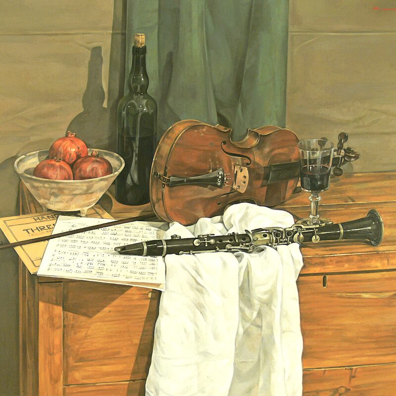 nature morte avec violon, coupe, grenades et clarinette 2008, 81,3 x 91,4 cm, huile sur toile